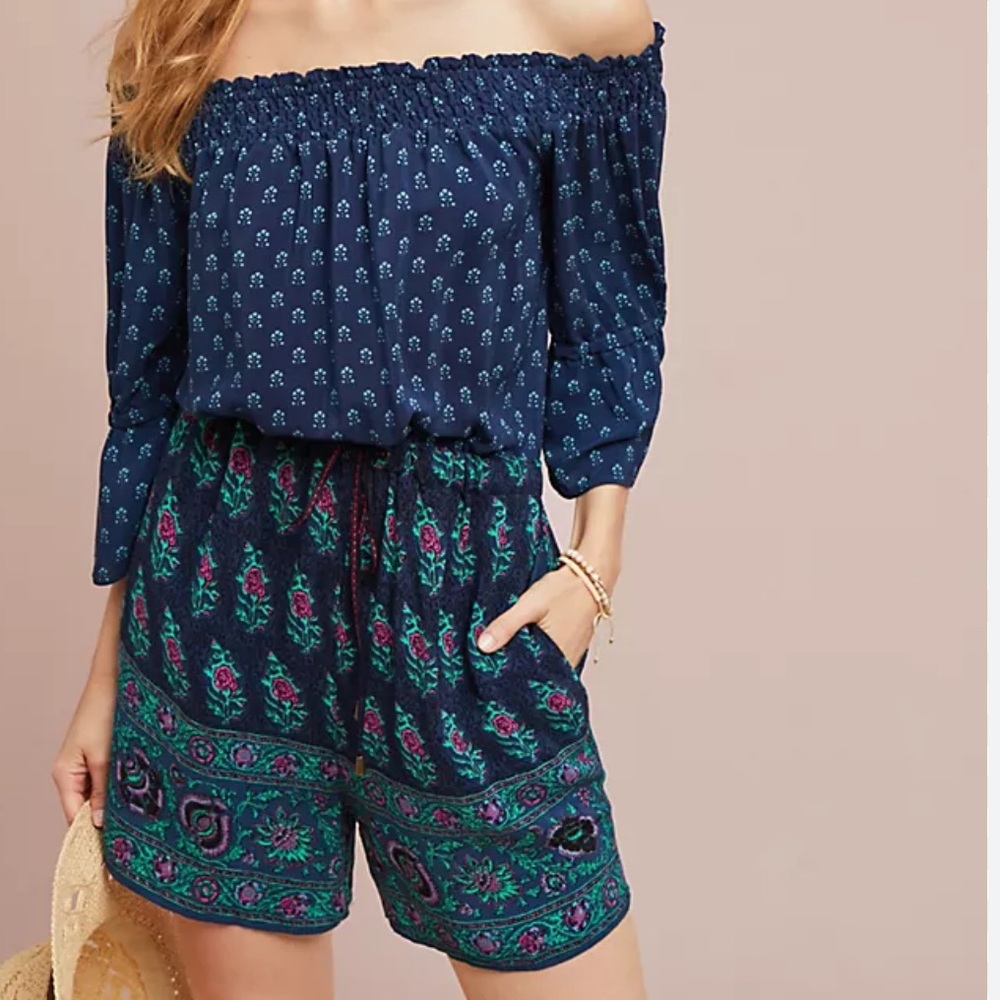 NWOT Anthropologie Kaleo Off-the-Shoulder Romper in Blue Motiff